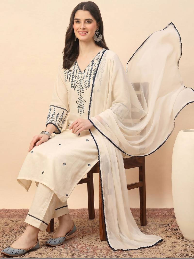 Cream party wear embroidery cotton blend kurta with pant and dupatta