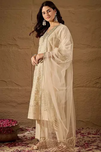 White party wear embroidery chanderi kurta with pant and dupatta