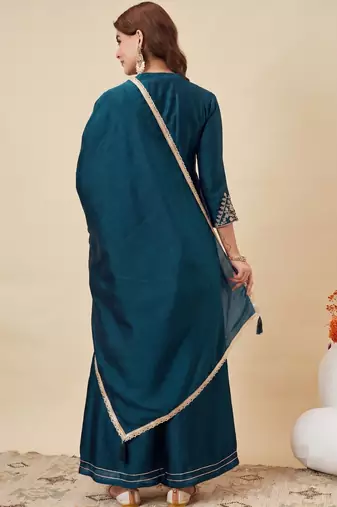Rama party wear embroidery vichitra silk blend kurta with plazzo and dupatta