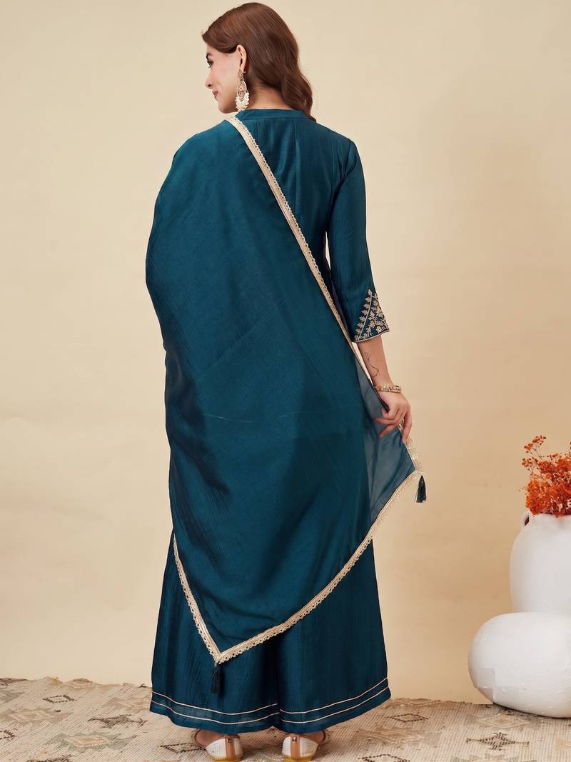 Rama party wear embroidery vichitra silk blend kurta with plazzo and dupatta