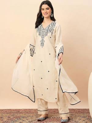 Cream party wear embroidery cotton blend kurta with pant and dupatta 2