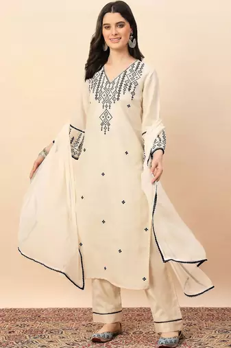 Cream party wear embroidery cotton blend kurta with pant and dupatta