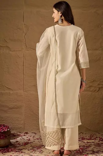 White party wear embroidery chanderi kurta with pant and dupatta