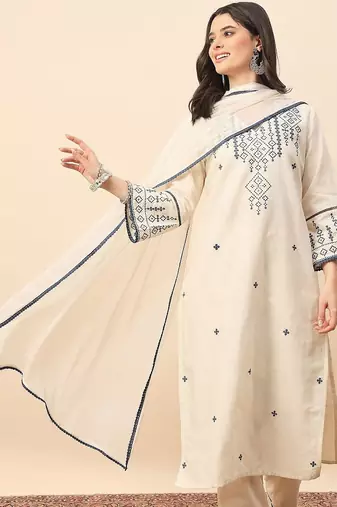 Cream party wear embroidery cotton blend kurta with pant and dupatta