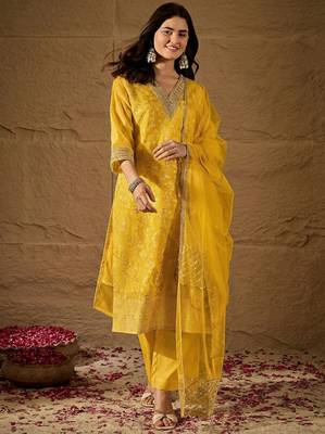 Yellow party wear embroidery chanderi kurta with pant and dupatta 1