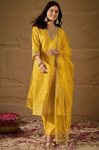 Yellow party wear embroidery chanderi kurta with pant and dupatta