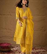 Yellow party wear embroidery chanderi kurta with pant and dupatta