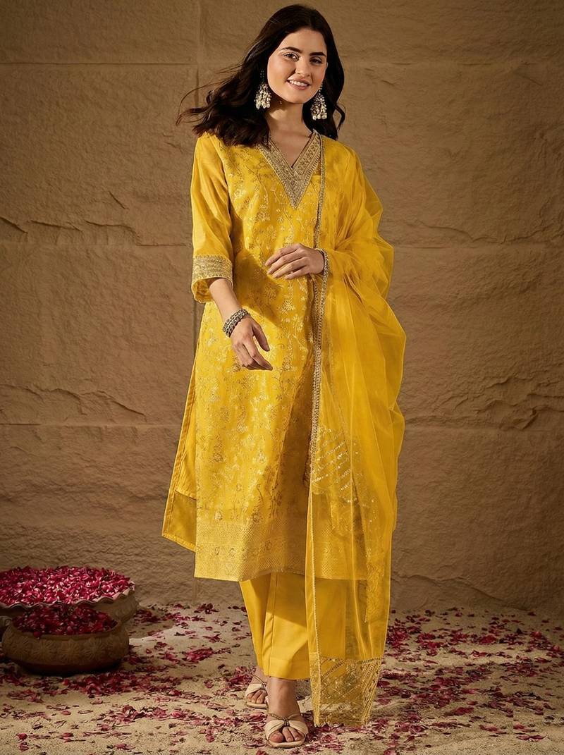 Yellow party wear embroidery chanderi kurta with pant and dupatta
