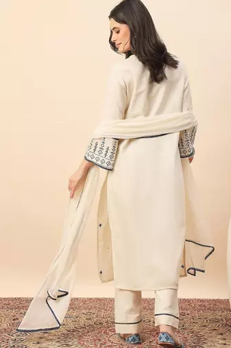 Cream party wear embroidery cotton blend kurta with pant and dupatta