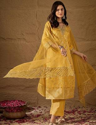 Yellow party wear embroidery chanderi kurta with pant and dupatta 2