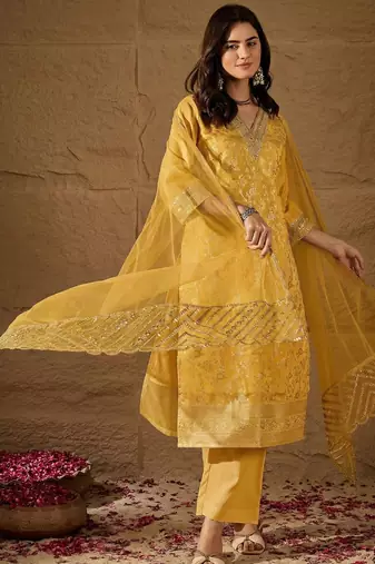 Yellow party wear embroidery chanderi kurta with pant and dupatta