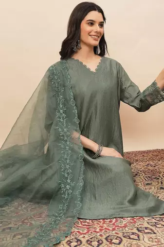 Pista party wear embroidery silk blend kurta with pant and dupatta