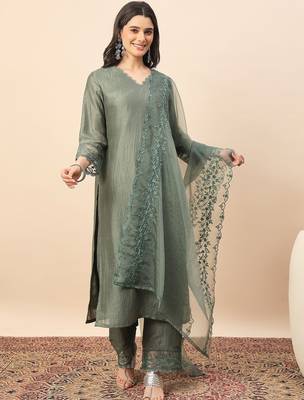 Pista party wear embroidery silk blend kurta with pant and dupatta 2