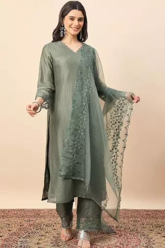 Pista party wear embroidery silk blend kurta with pant and dupatta
