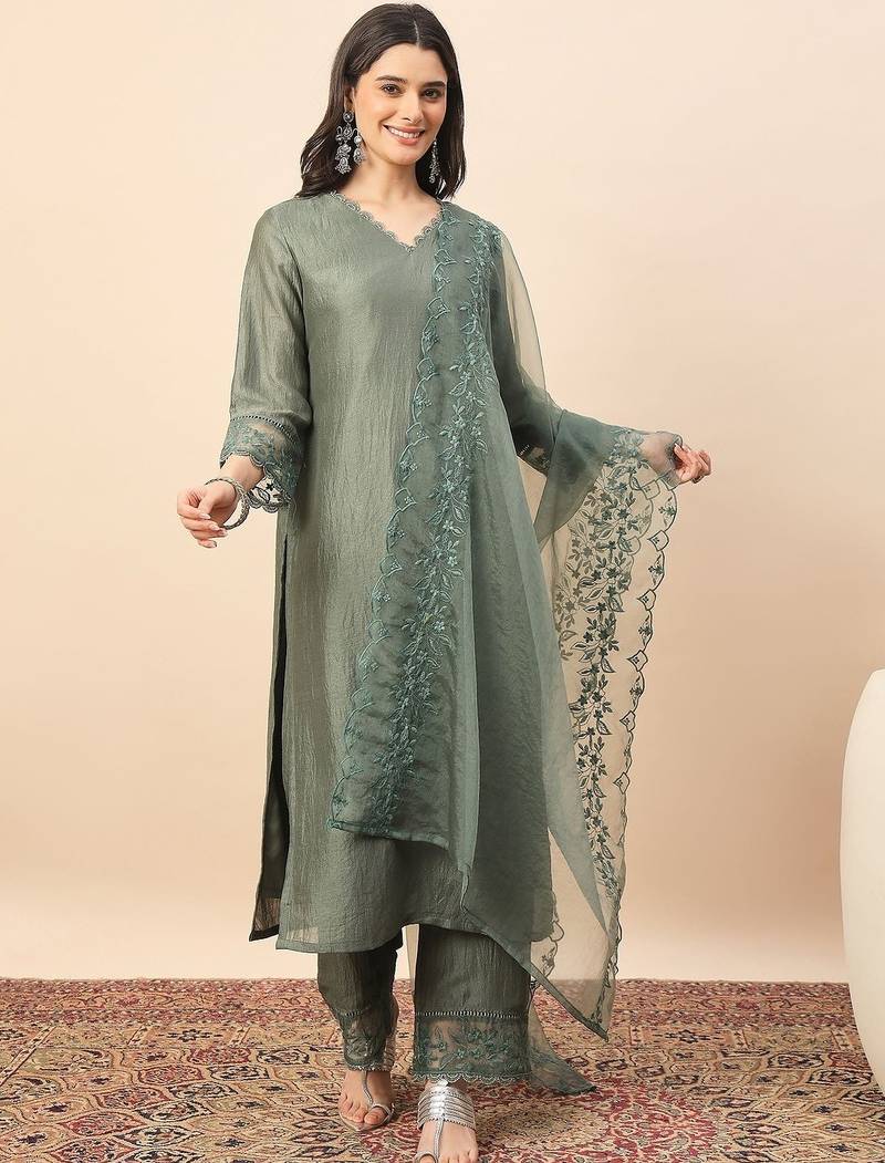 Pista party wear embroidery silk blend kurta with pant and dupatta