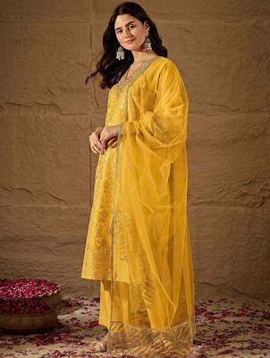 Yellow party wear embroidery chanderi kurta with pant and dupatta 3