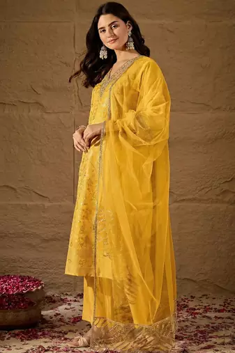 Yellow party wear embroidery chanderi kurta with pant and dupatta