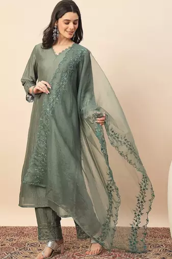 Pista party wear embroidery silk blend kurta with pant and dupatta