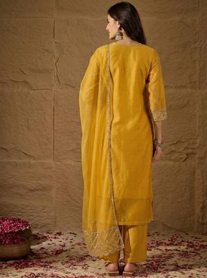 Yellow party wear embroidery chanderi kurta with pant and dupatta 4