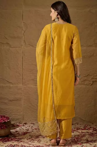 Yellow party wear embroidery chanderi kurta with pant and dupatta