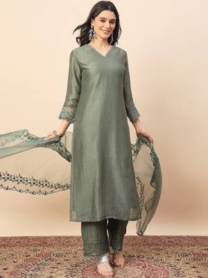Pista party wear embroidery silk blend kurta with pant and dupatta 4