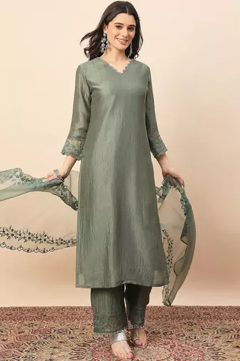 Pista party wear embroidery silk blend kurta with pant and dupatta