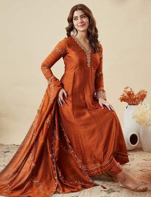 Rust party wear embroidery vichitra silk blend kurta with pant and dupatta 1
