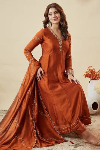 Rust party wear embroidery vichitra silk blend kurta with pant and dupatta
