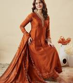 Rust party wear embroidery vichitra silk blend kurta with pant and dupatta