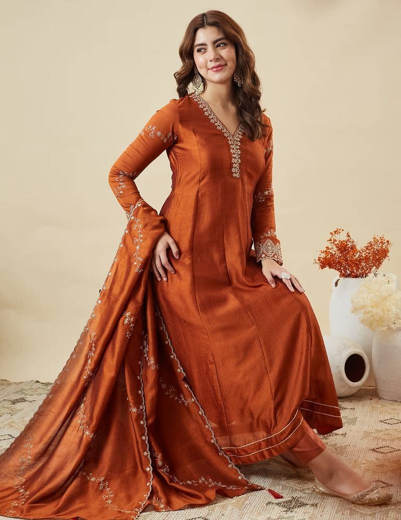Rust party wear embroidery vichitra silk blend kurta with pant and dupatta