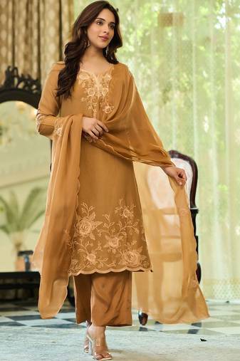 Brown party wear embroidery silk blend kurta with plazzo and dupatta