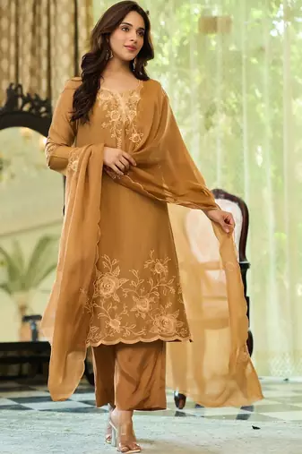 Brown party wear embroidery silk blend kurta with plazzo and dupatta