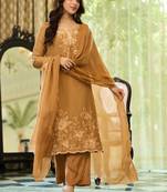 Brown party wear embroidery silk blend kurta with plazzo and dupatta