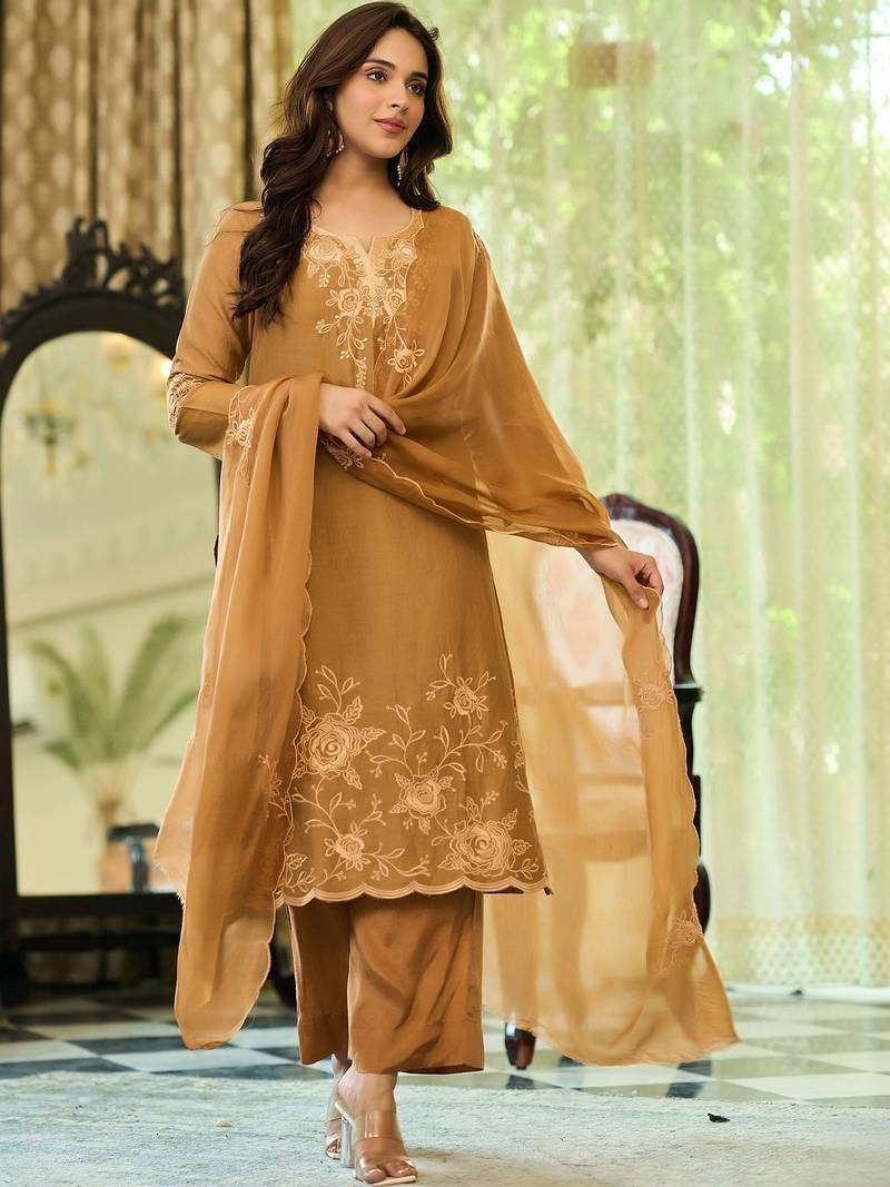 Brown party wear embroidery silk blend kurta with plazzo and dupatta