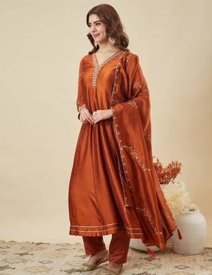 Rust party wear embroidery vichitra silk blend kurta with pant and dupatta 2