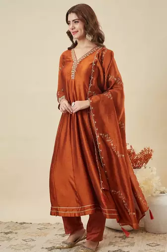 Rust party wear embroidery vichitra silk blend kurta with pant and dupatta