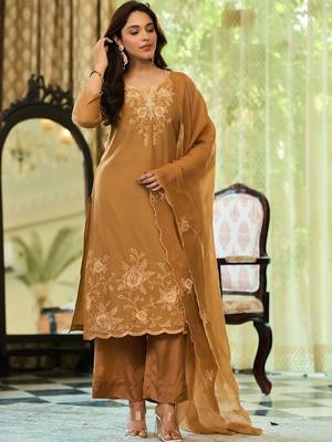 Brown party wear embroidery silk blend kurta with plazzo and dupatta 2