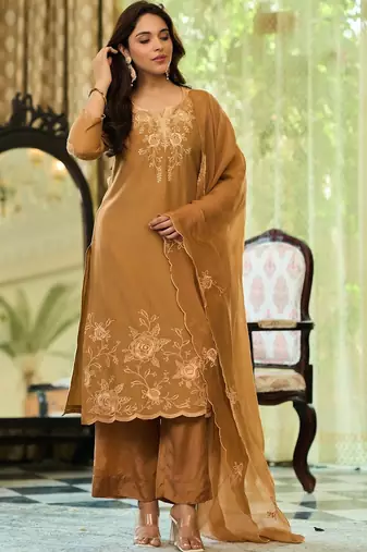Brown party wear embroidery silk blend kurta with plazzo and dupatta