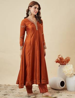 Rust party wear embroidery vichitra silk blend kurta with pant and dupatta 3