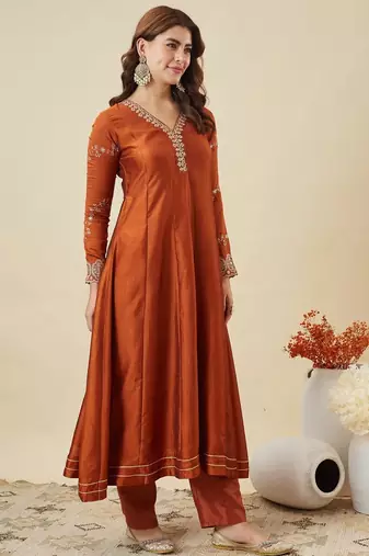 Rust party wear embroidery vichitra silk blend kurta with pant and dupatta