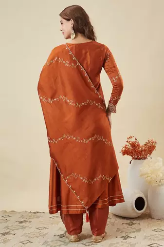 Rust party wear embroidery vichitra silk blend kurta with pant and dupatta