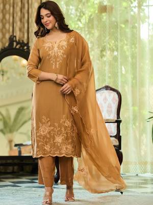 Brown party wear embroidery silk blend kurta with plazzo and dupatta 3