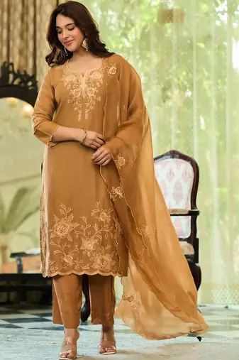 Brown party wear embroidery silk blend kurta with plazzo and dupatta