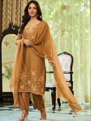 Brown party wear embroidery silk blend kurta with plazzo and dupatta 4