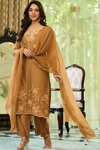 Brown party wear embroidery silk blend kurta with plazzo and dupatta