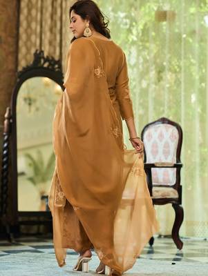 Brown party wear embroidery silk blend kurta with plazzo and dupatta 5