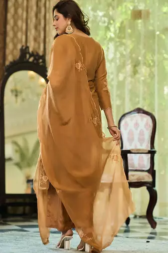 Brown party wear embroidery silk blend kurta with plazzo and dupatta
