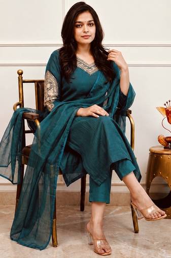 Navy-blue party wear embroidery silk blend kurta with pant and dupatta