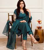 Navy-blue party wear embroidery silk blend kurta with pant and dupatta
