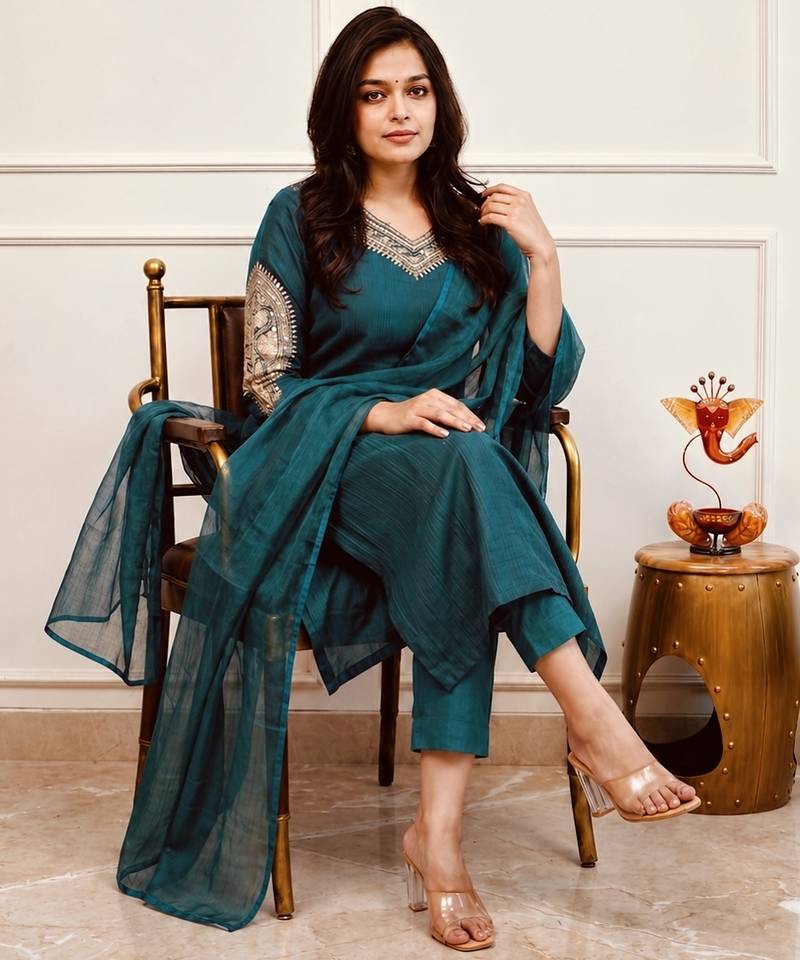 Navy-blue party wear embroidery silk blend kurta with pant and dupatta